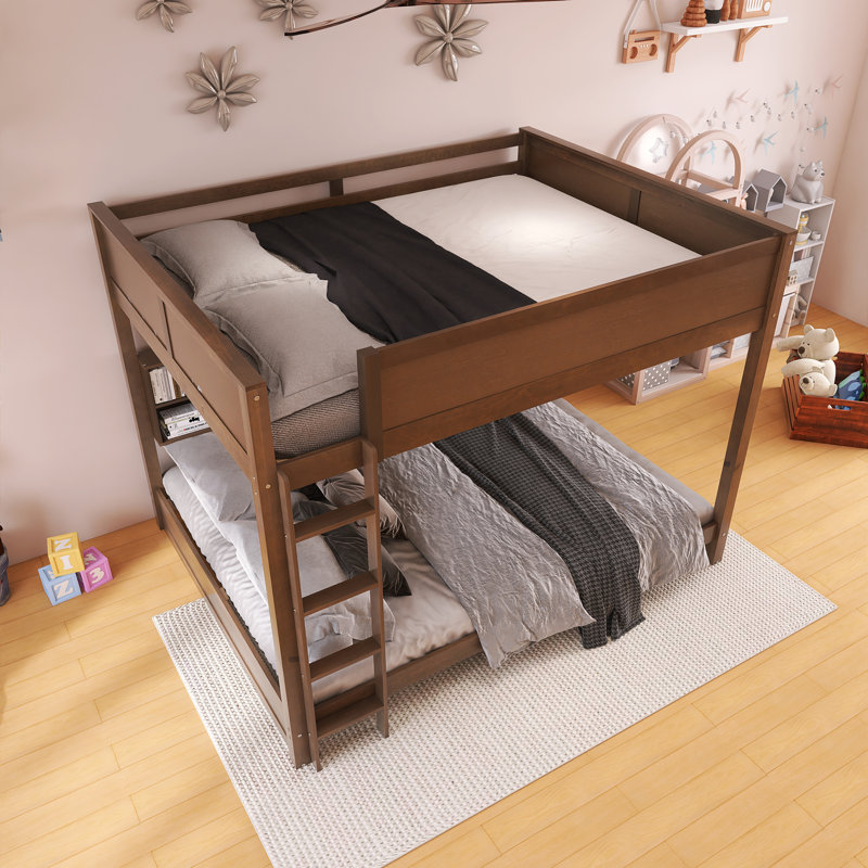 Wood Frame Queen Over Queen Size Bunk Bed With Storage Shelves And USB Ports, Wood