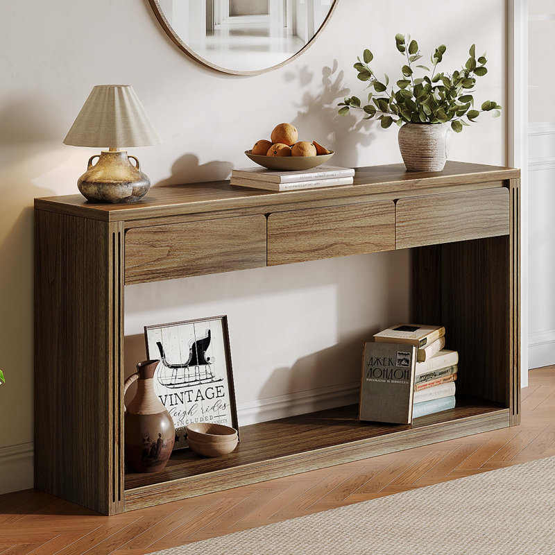 63" W Three Drawer Flat Console Table, Dark Brown Wood