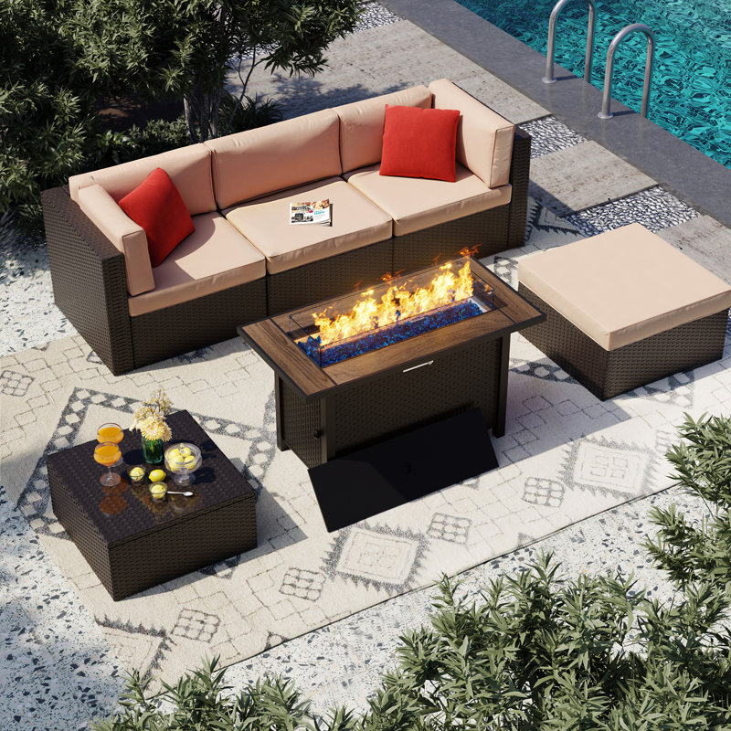  6-Piece Outdoor Rattan Patio Set with Fire Pit Table, Beige