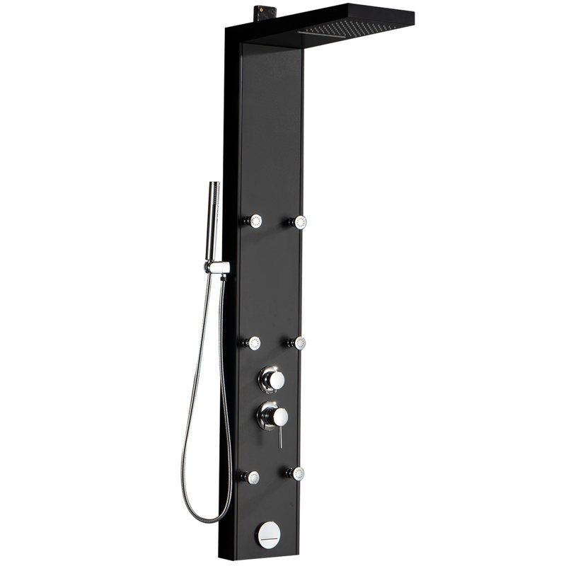 6-Jet Rainfall Shower Panel System With Spa Jets Rainfall Waterfall Shower Head And Shower Wand Marble Finish In Black