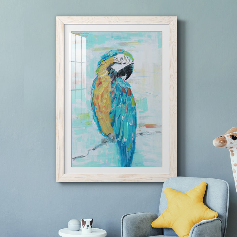 Island Parrot I - peinture encadrée, Cadre blanc, H 31,5 po x l 23,5 po x P 1,5 po