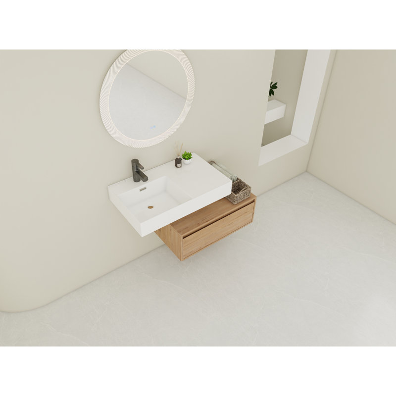  Meuble-lavabo mural imitation chêne 30 po avec tiroir à fermeture en douceur et lavabo simple en résine Nordic