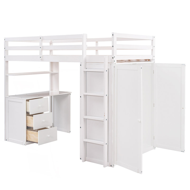 Loft Bed With Drawers, Desk And Wardrobe, Twin, White