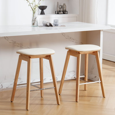 26" Solid Wood Backless Bar Stools, Saddle Counter Height Barstools (Set of 2)