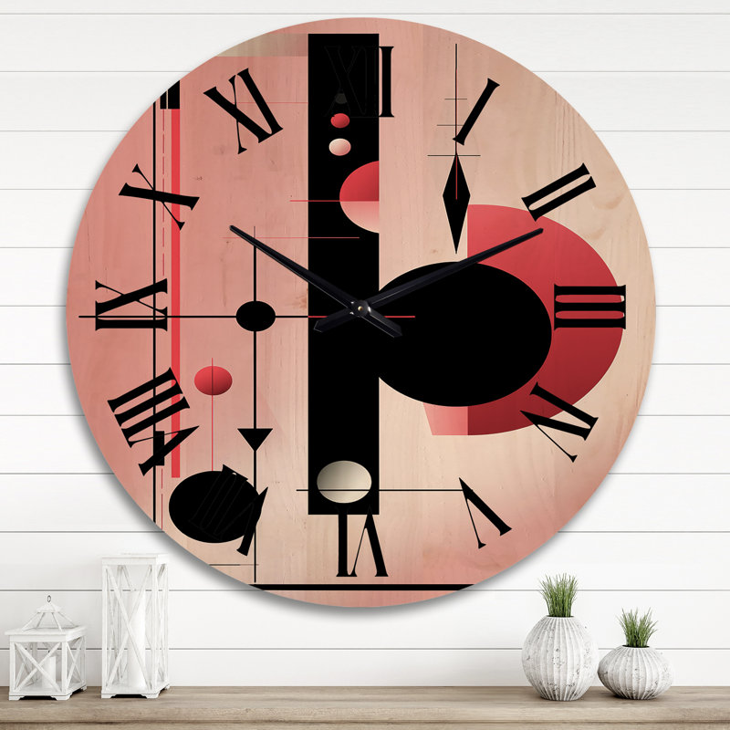 Horloge murale géométrique en bois surdimensionnée à motif géométrique en noir et rose, Très grand