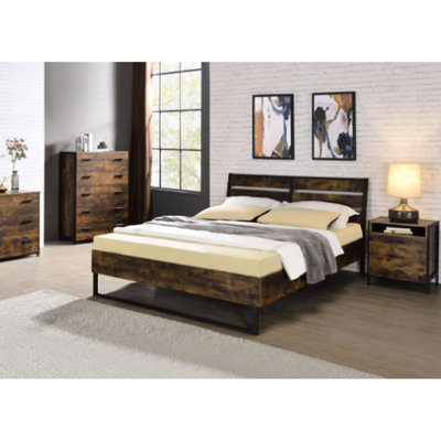 Modern Industrial Rustic Oak E. King Bed - Black Accents Panel Construction Metal & Veneer No Box Spring Requirement With Style Finish Robust Slats Synthetic Wood Build