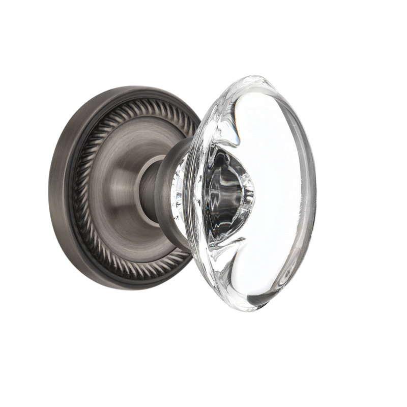 Rope Rosette with Oval Clear Crystal Door Knob, Antique Pewter