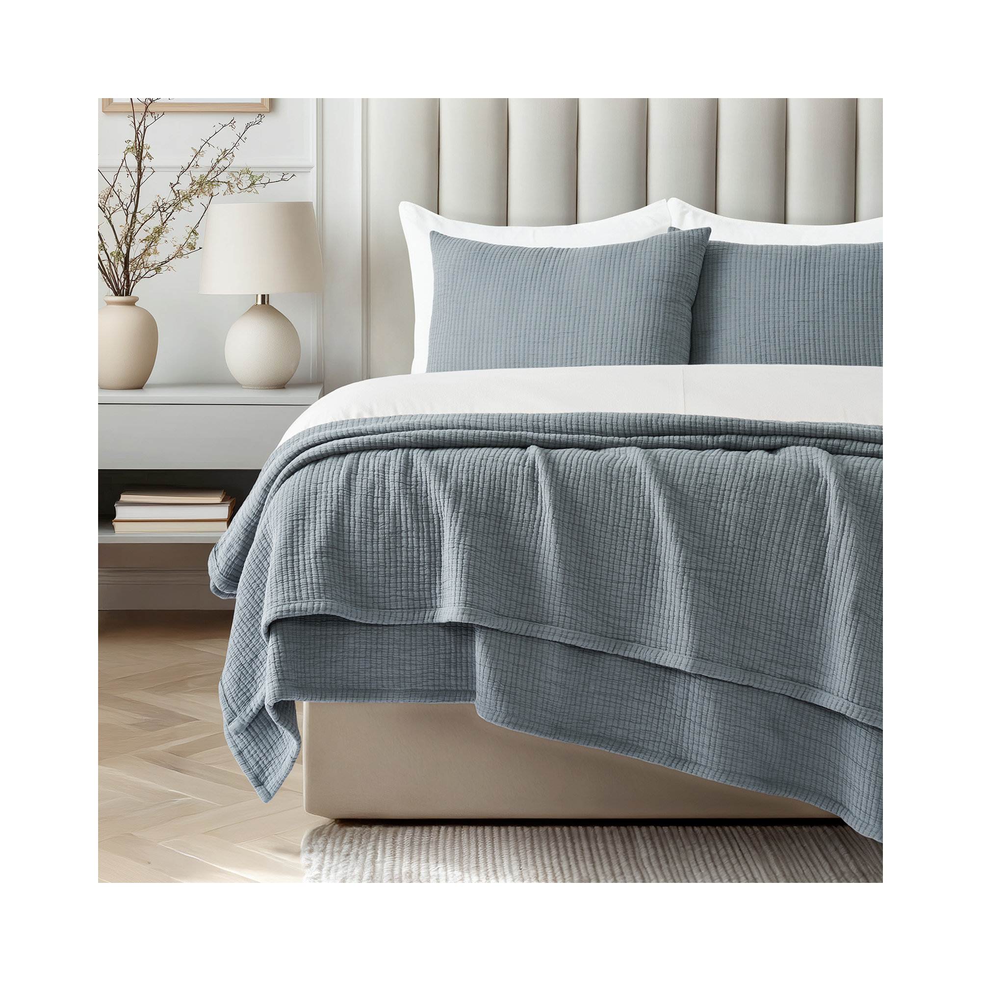 Solid Cotton Gauze Pick-stitch Matelesse Coverlet Bedspread set, Queen Quilt + 2 Queen Shams, Dusty Blue