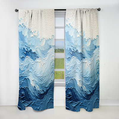 Myah Blue And White Modern Waves Of The Coast I - Coastal Minimalism Velvet Curtain - 1 panel