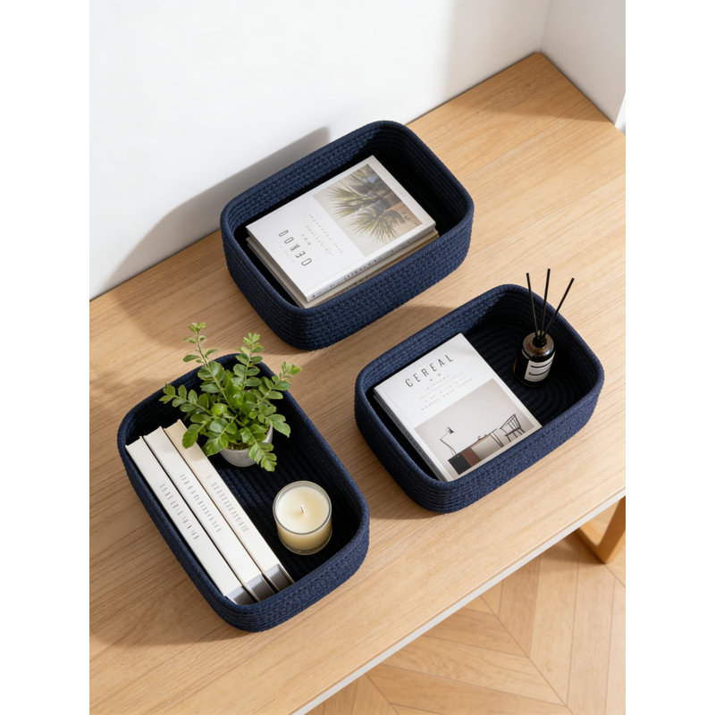 Small Woven Storage Basket Set Of 3, Handwoven Natural Cotton Rope Organizer Bins With Handles For Shelves, Closet, Nursery, And Home Decor