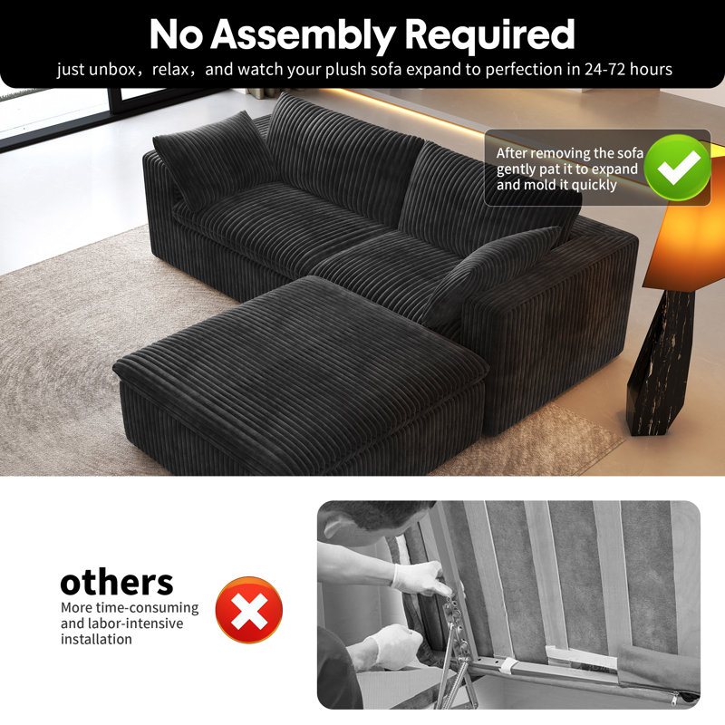 Boneless LoveSeat Cloud Modular Sectional Couch,78.7"W Corduroy Sofa with Ottoman,3-Piece No Assembly Required Boneless Couch