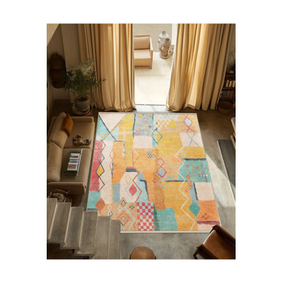 Multi Color Mixed Motif Geometric Pattern Fringed Vintage Decorative Machine Washable Area Rug