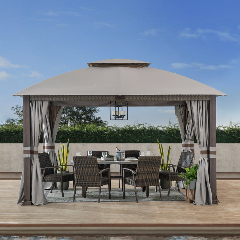 Pavillon de jardin à toit souple à 2 niveaux 11 x 13 pi avec toit en toile, moustiquaire et rideaux Sunjoy, Kaki