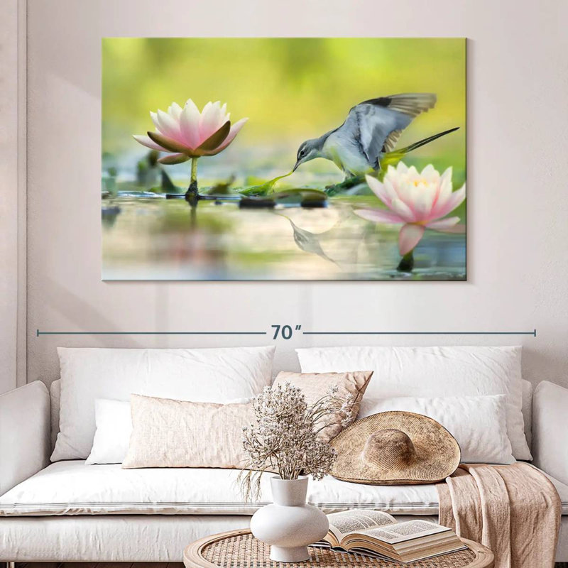 Bruyère lotus et oiseau gris, H 34 po x l 51 po