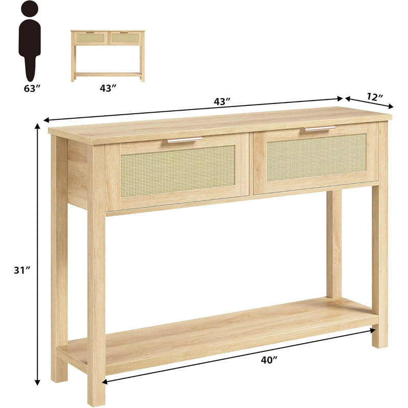 Zayer Rattan Entryway Table, 43" Console Table with Drawers, 2 Tier Sofa Table with Storage, Wooden Console Table for Entryway