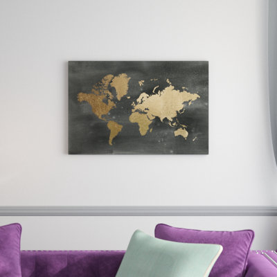 Gold World Map On Black Wash by Jennifer Goldberger - Print