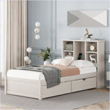 Modern Twin Size Bed Frame With Built-In USB Port On Bookcase Headboard And 2 Drawers