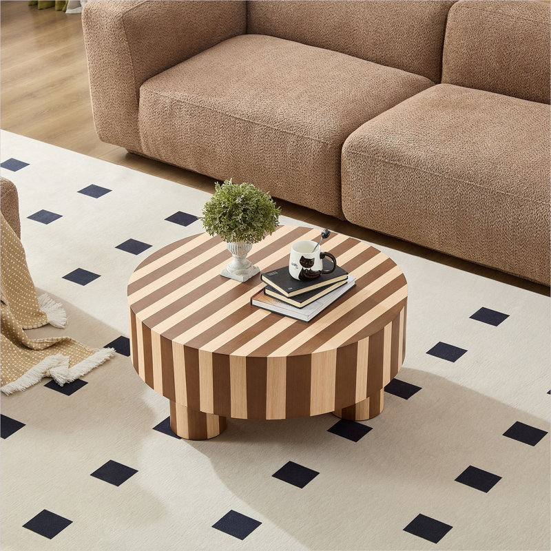 Table basse ronde de 31,49 pouces avec placage rayé blanc pur et noyer, plateau en bois d'ingénierie, finition naturelle