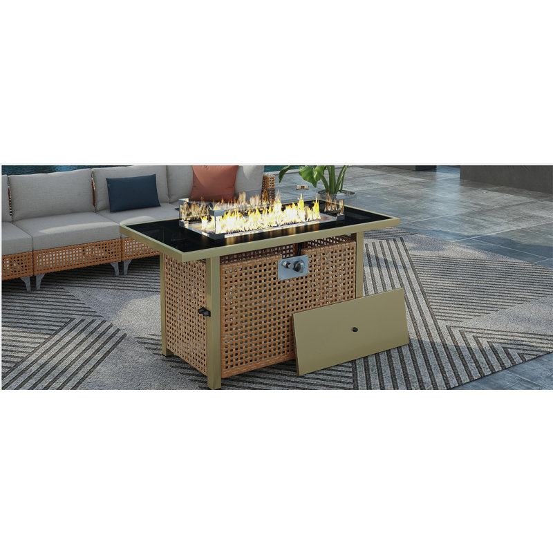 43" Propane Gas Fire Pit Table, 60,000 BTU Rectangular Open Weave Wicker Fire Pit with Glass Windscreen, Suitable for Outdoor Patio, Balcony, Garden, and Backyard