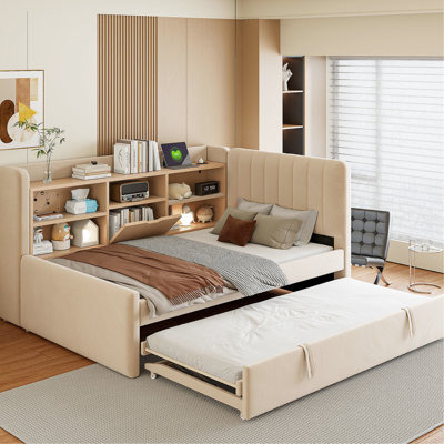 Beige Twin Velvet Daybed With Trundle, Storage, Charging, Ideal For Home Sleepovers Storage Shelves, & Outlet, A Space - Saving Option Multi Purpose Rooms