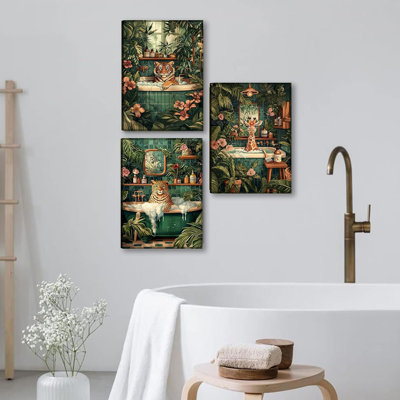 «Jungle Bathroom Wall Art», léopard tigré et girafe dans une baignoire, décoration murale, affiche de toile botanique tropicale verte, reproduction d'art sur toile pour salle de bain, salle de bain, décor de 12 x 16 po, encadré
