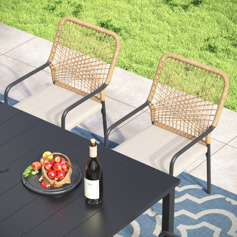 6-Person Rectangular Patio Dining Set With Cushioned Stackable Rattan Chairs, Black