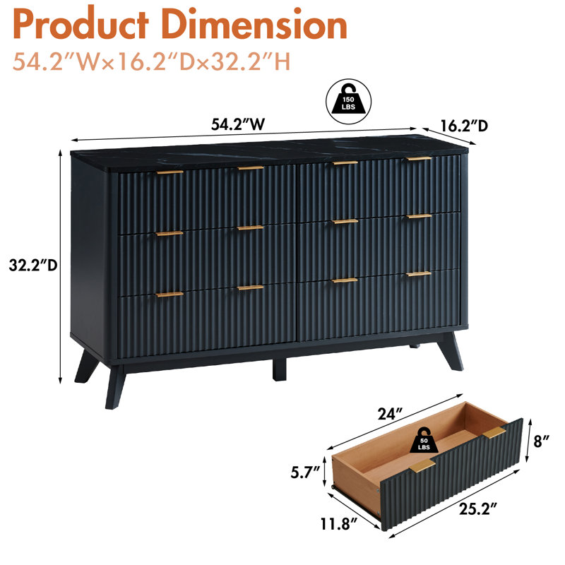 6 Drawers Dresser With Faux Marble Top & Curved Design, Dark Gray