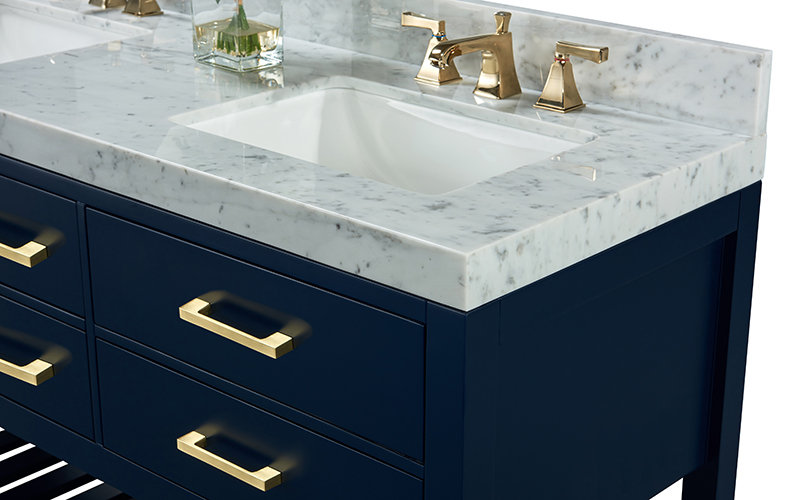 Elizabeth 72" Double Bathroom Vanity Set with Mirror, Carrara White, Gold, Heritage Blue