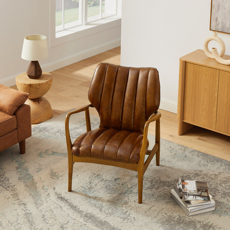 Mid-Century Modern Genuine Leather Solid Ash Chair, Brown