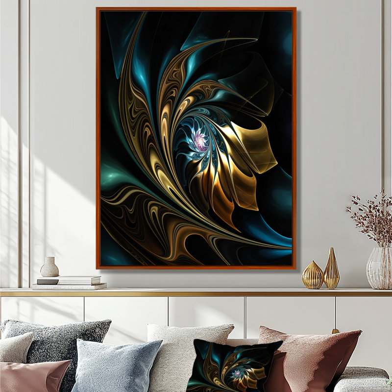 Fleur noire dorée moderne - art mural fleur fractale, impression avec fleur noire, H 32 po x l 24 po, Cadre flottant, Brun