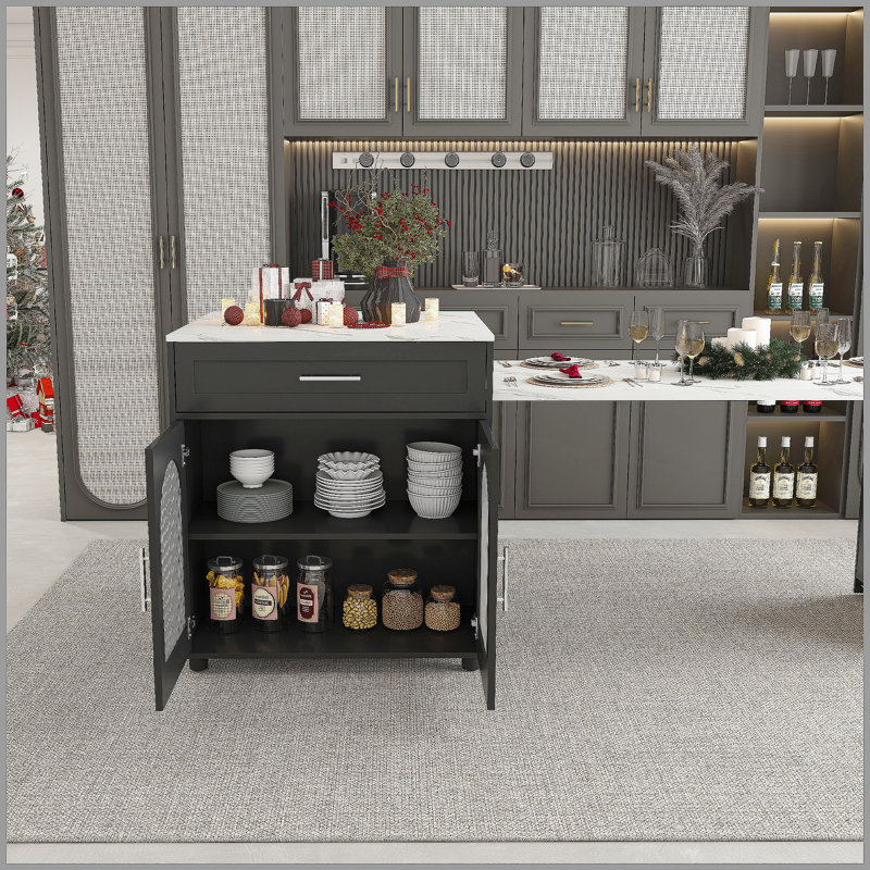 80-Inch Expandable Kitchen Island With Dining Table, Marble-Grain Countertop With Power Outlet, Mobile Storage Cart With Cabinet & 2 Drawers, Kitchen Prep Table (Black)