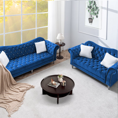 Retro Chesterfield Sofa Set For Living Room - Polyester Fabric Upholstery With Solid Wood Frame by House of Hampton