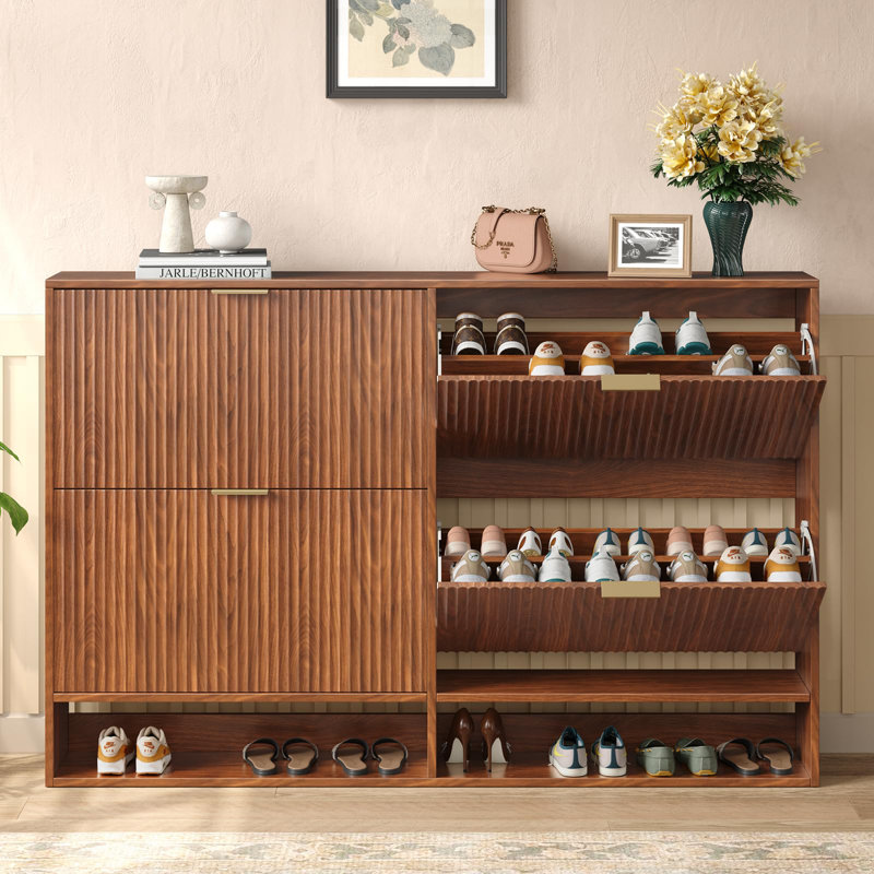 47.2''w Shoe Storage Cabinet For Entryway With 4 Flip Drawers, Fluted Slim Shoe Cabinet For Foyer, Hallway, Walnut Wood