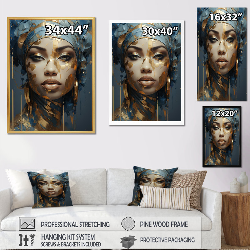 «Blue and Gold African Woman Portrait», art africain sur toile, H 32 po x l 24 po, Toile tendue, Sans cadre