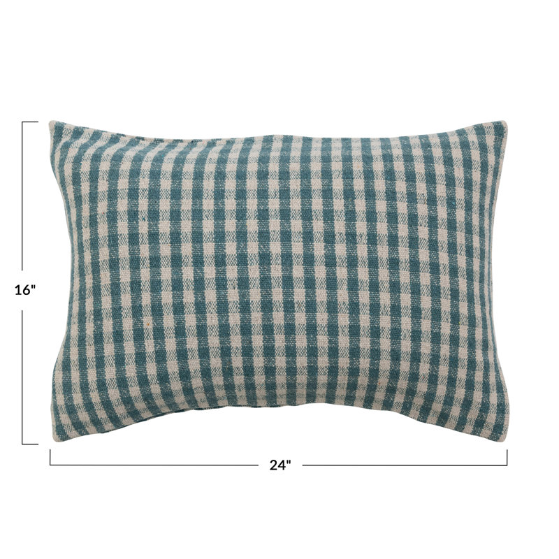 Teal and White Gingham Cotton Blend Lumbar Pillow Cover