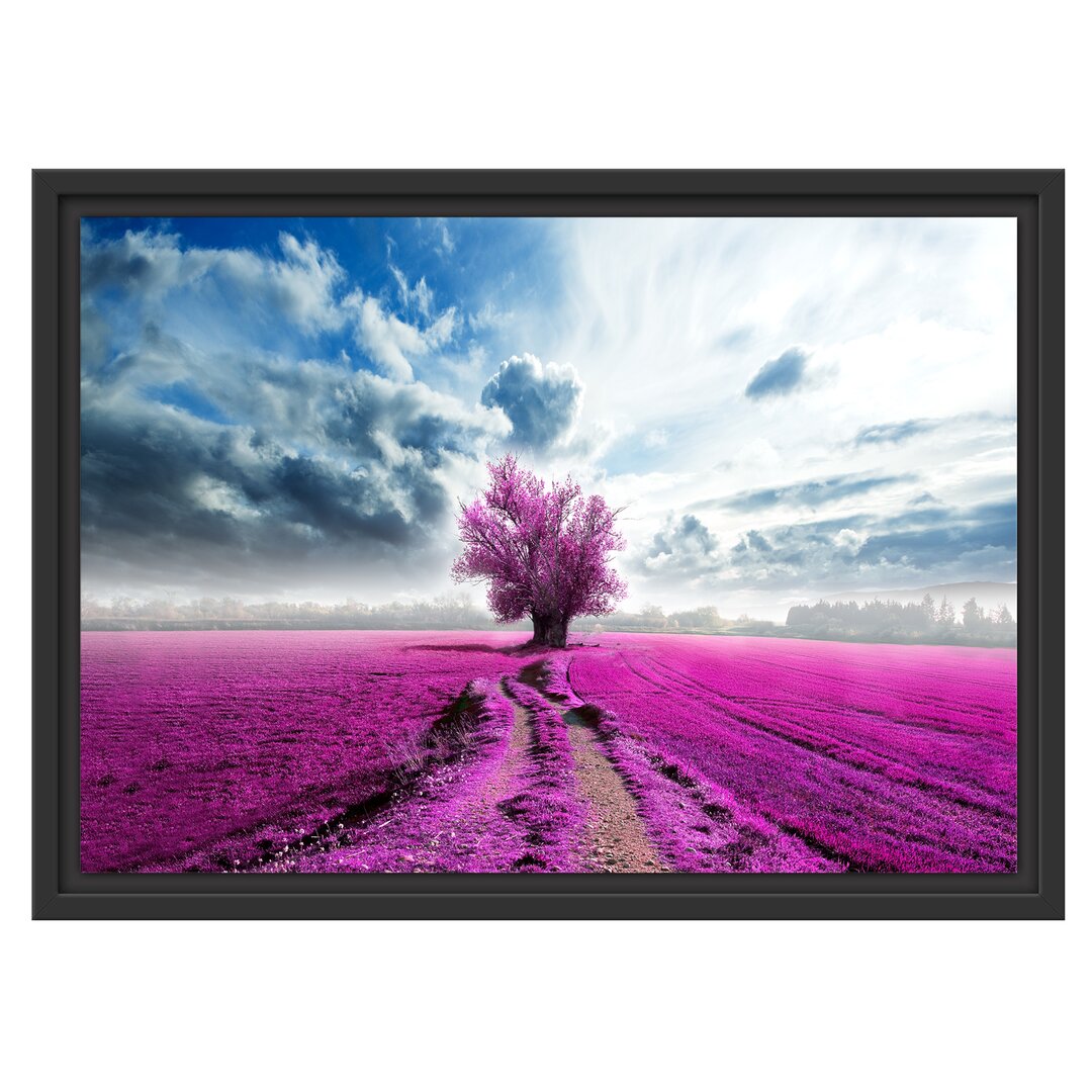 Gerahmtes Wandbild Pinkes Feld mit pinkem Baum