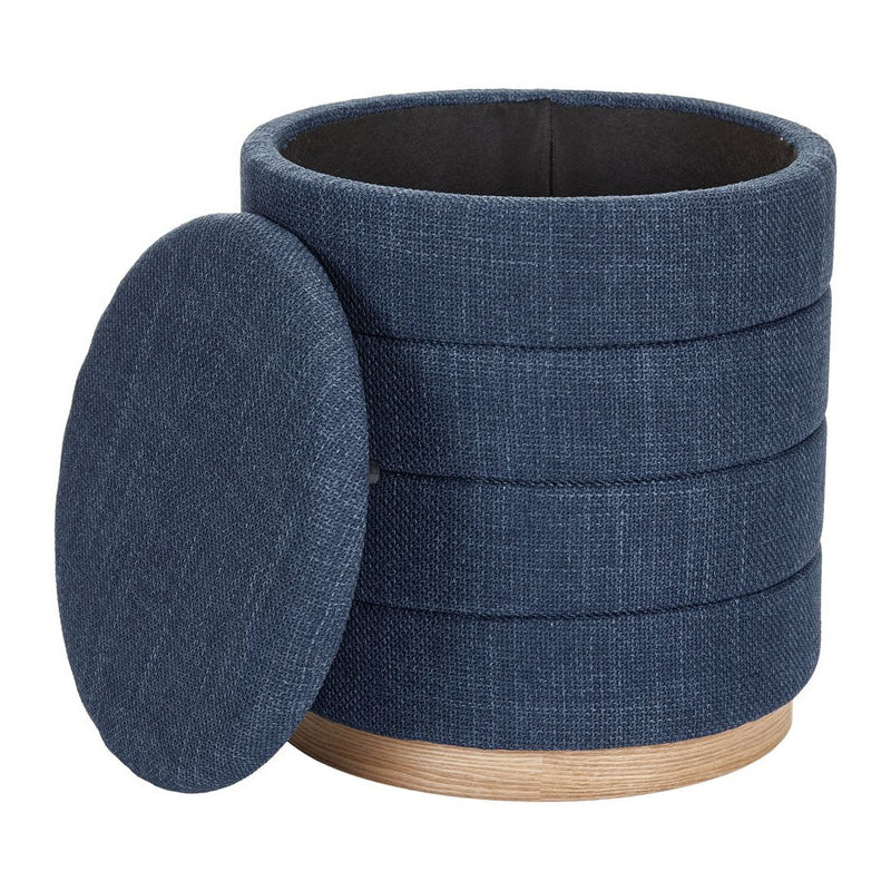 16" Round Upholstered Linen Storage Ottoman, Dark Blue