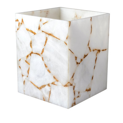 Mike + Ally Gemstone White Quartz & Gold Foil Wastebasket with Liner – Luxury Natural Gemstone Bathroom Trash Can