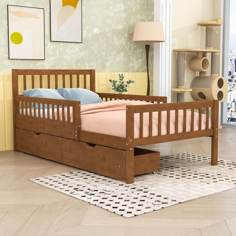 Lit plateforme en bois avec tête de lit, garde-corps et tiroirs de rangement Idahlia, Simple, Noyer