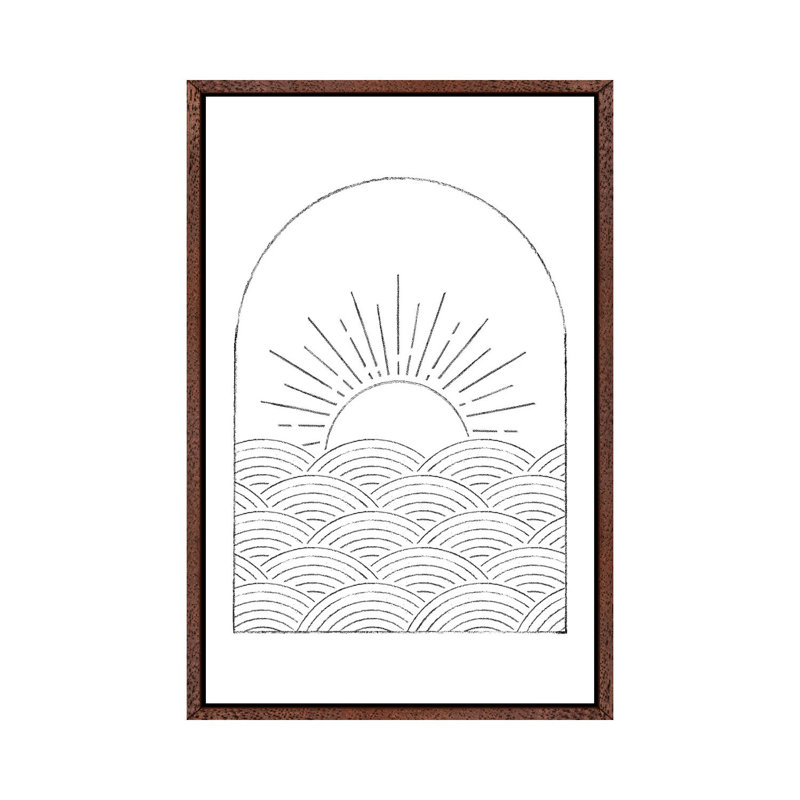 Abstract Line Art Sea and Sun 1 Piece Wall Art on Canvas, 152.4cm H x 101.6cm W x 3.81cm D, Classic Brown Wood Framed