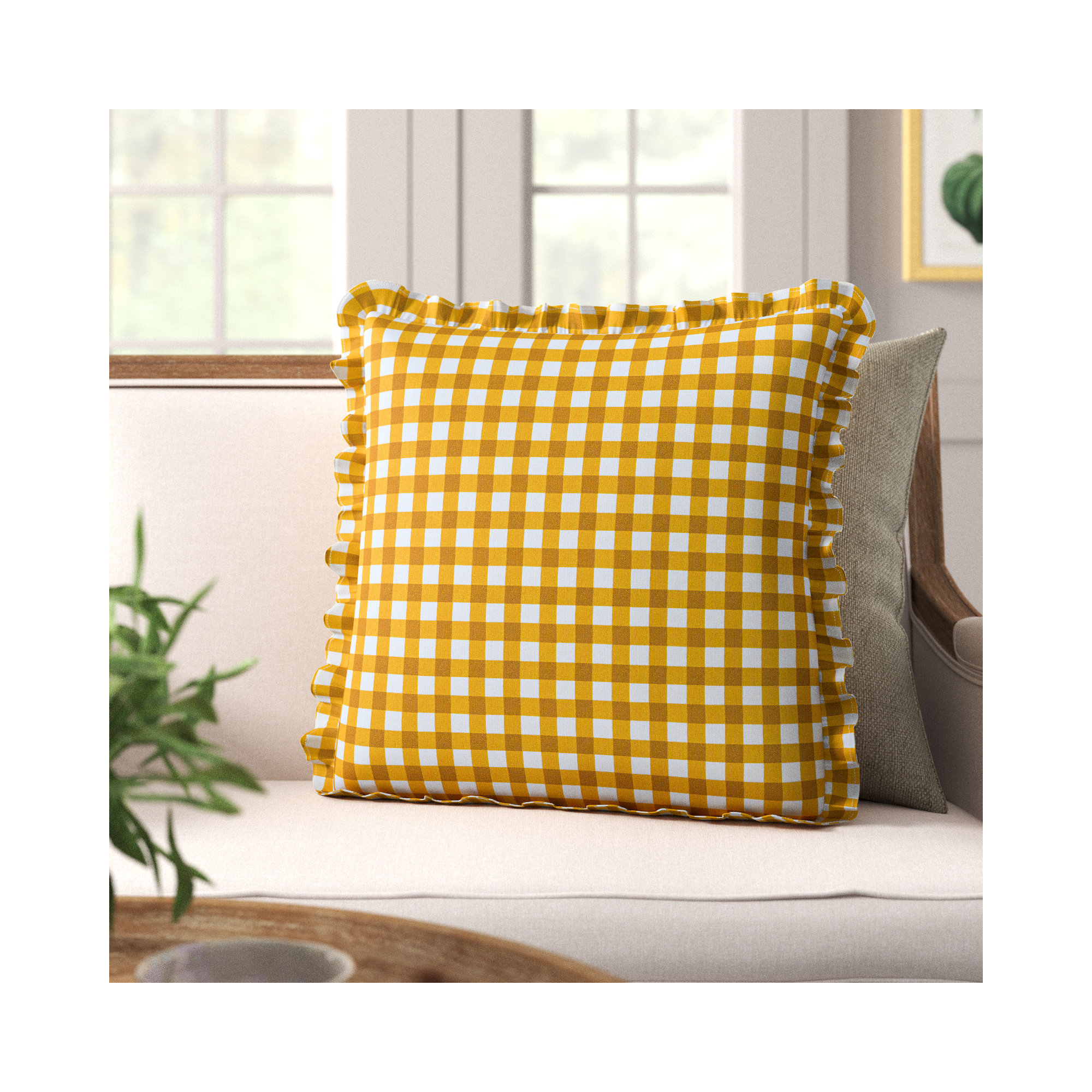 Zeppelin Plaid Cotton Throw Pillow, Yellow Plaid, 22" x 22", Polyester/Polyfill