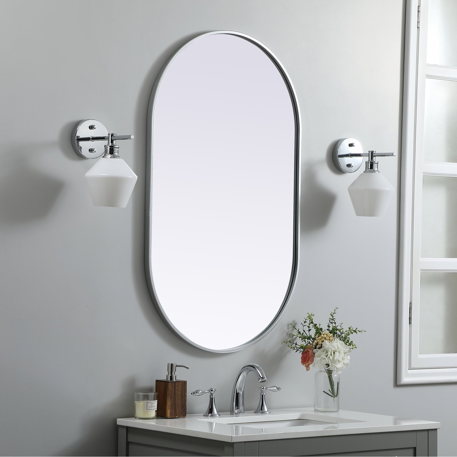 Sabine Metal Pill Wall Mirror, Silver, 40" x 24"