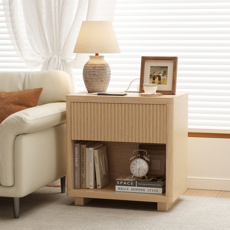 Adkins 24” W End Table With Storage And Charging Station, Solid Wood Side Table With Shelf, Natural, 1