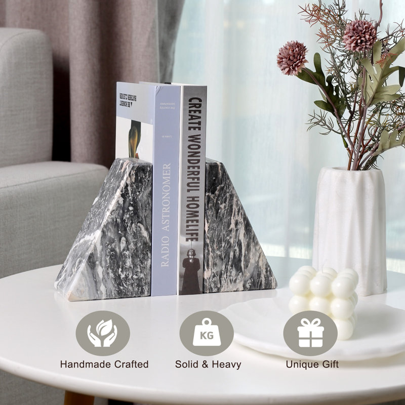 Natural Marble Bookends Set of 2, Geometric Stone Book Holders for Shelves, 2.60" H x 4" W x 4.70" D, Gray