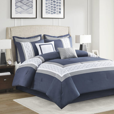 Queen 8 Embroidered Comforter - Navy, Grey, White Filling , Shams, Euro Decorative Pillows Hotel Style Bedroom Bedding Machine Washable 8 Piece Navy With Embroidery Comforter, Graceful Transitional