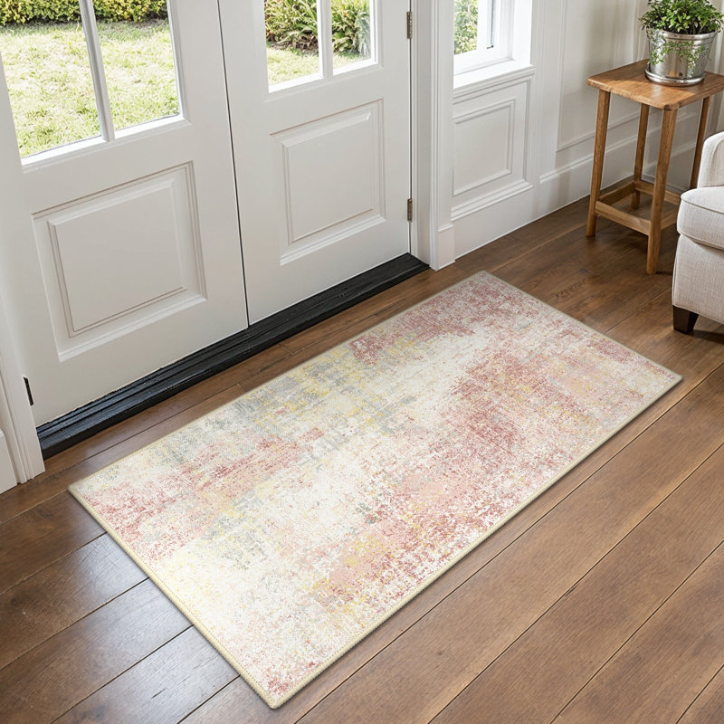 Abstract Washable Area Rug, Pink/Yellow/Beige, Rectangle 60 x 90 cm