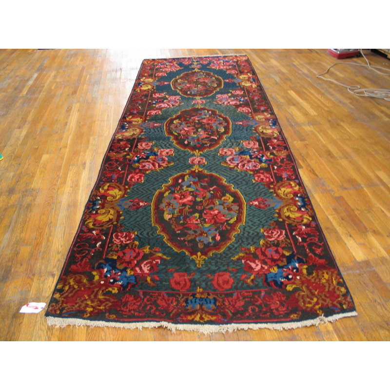 Antique Caucasian Hallway Runner Wool Green Rug
