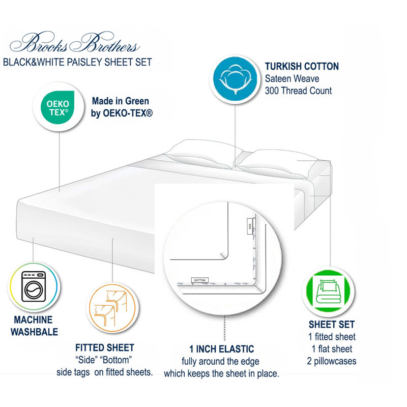 Ensemble de draps pour chambre d'amis 4 pièces 100% coton noir et blanc, Ensemble de draps pour grand lit avec 2 taies d'or