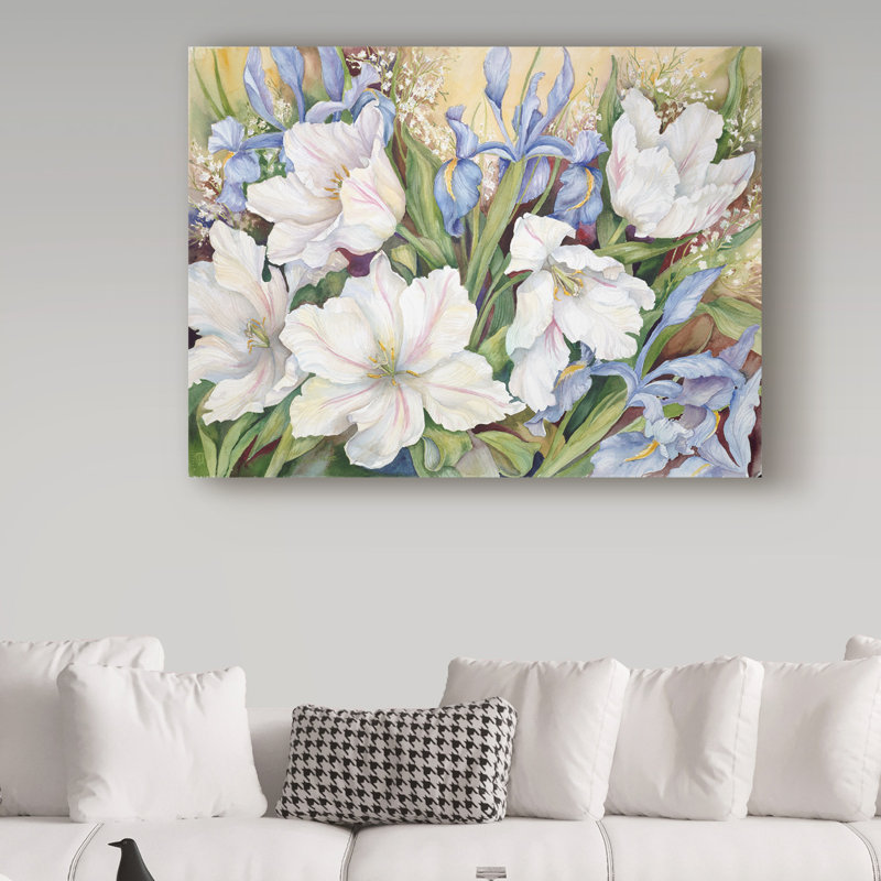 Deetra «White Tulips Blue Iris», reproduction de peinture acrylique sur toile tendue, H 14 po x l 19 po x P 2 po