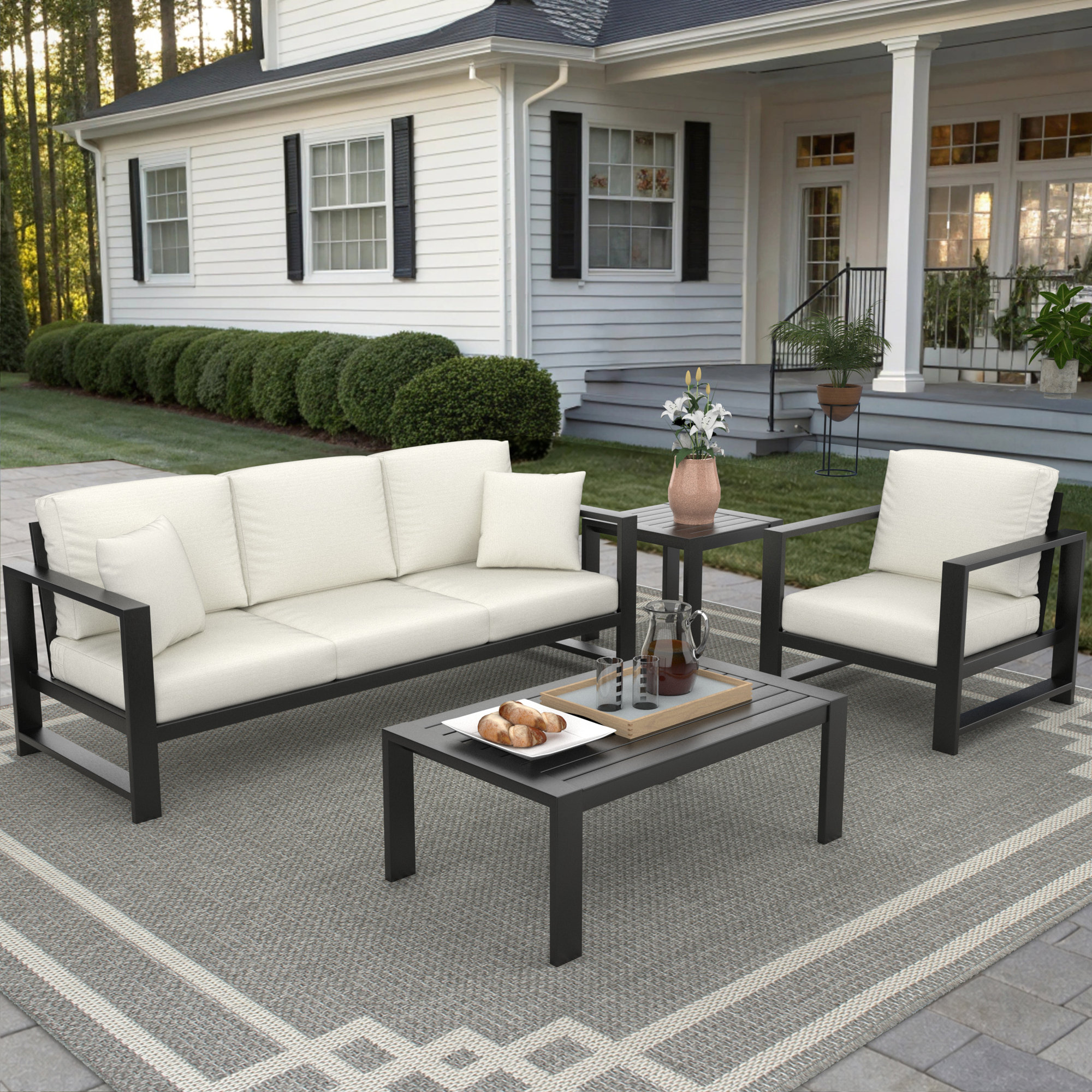 Dulcie 4 Person Seating Set With Sunbrella Cushions, Canvas White Sunbrella® Canvas